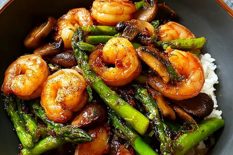Fresh ingredients for shrimp asparagus stir-fry including large shrimp, bright green asparagus spears, garlic, ginger, and Asian sauces arranged on a cutting board