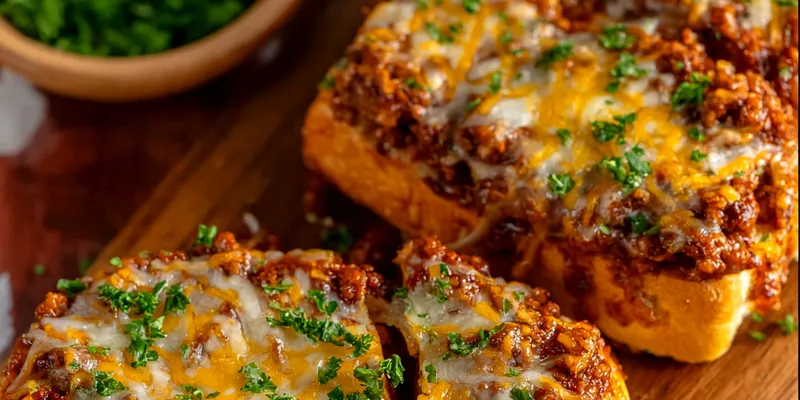 Loaded sloppy joe garlic bread with melted cheese, showing the savory meat mixture on golden garlic bread topped with bubbly mozzarella and cheddar