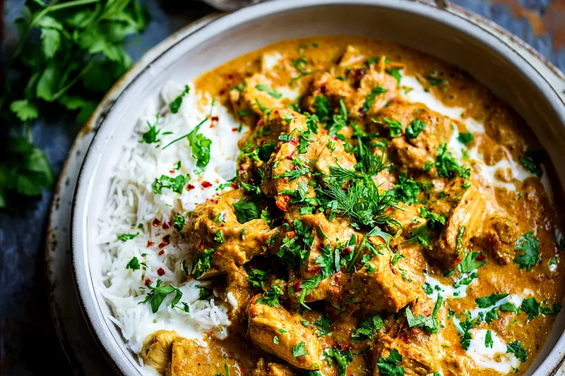 Chicken korma cooking in a slow cooker showing the creamy golden sauce with tender chicken pieces and aromatic steam rising