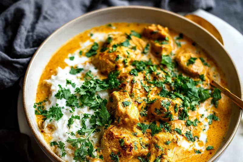 Ingredients for chicken korma including chicken thighs, coconut milk, spices, cashews, yogurt, and aromatics arranged on a wooden board