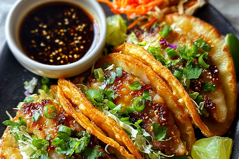 Golden dumpling tacos being smashed in a cast iron skillet, showing the perfect crispy bottom texture developing
