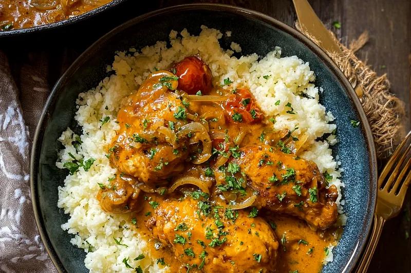 Raw ingredients for smothered chicken including chicken pieces, flour, onions, spices, and fresh herbs arranged on a wooden cutting board