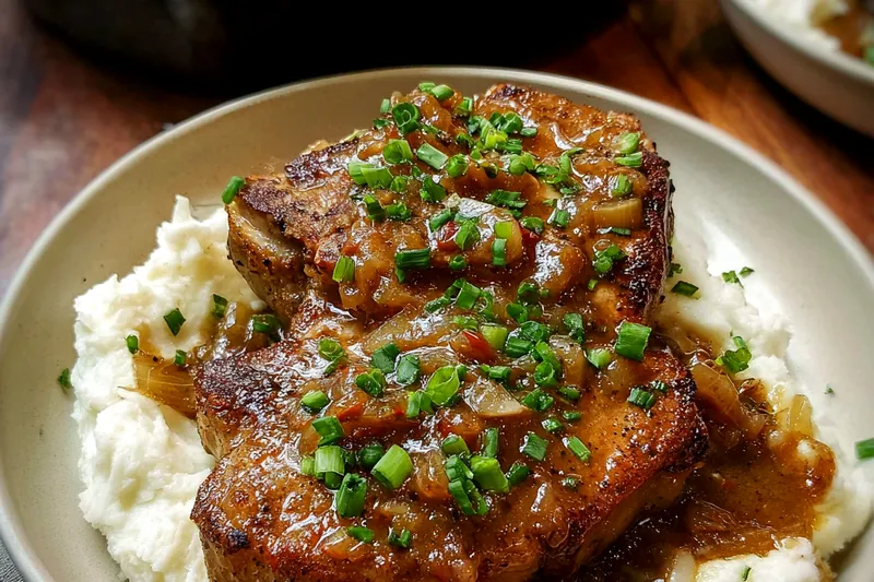 Ingredients for smothered pork chops including thick bone-in pork chops, onions, bell peppers, flour, and seasonings arranged on a wooden cutting board