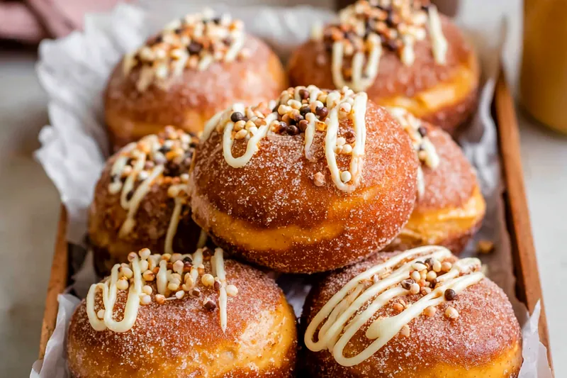 Golden doughnuts frying in oil with bubbles around them, showing the perfect frying technique and color development