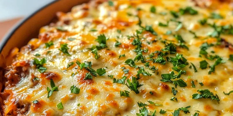 Bubbling stuffed pepper casserole with melted cheese on top, showing colorful bell peppers, ground beef, and rice in a baking dish