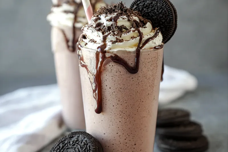 Oreo milkshake being blended in a clear blender showing the creamy texture with visible cookie pieces