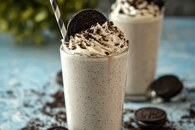 Ingredients for Oreo milkshake including vanilla ice cream, Oreo cookies, milk, and whipped cream arranged on a marble counter